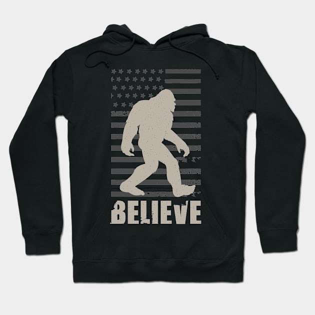 Bigfoot Believe Retro Vintage American Flag Hoodie by Tesszero